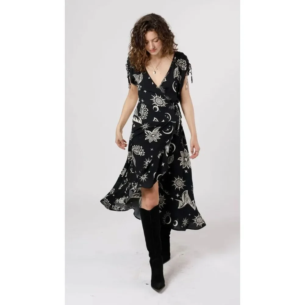 NWT Band Of Gypsies Haylee Black Celestial Wrap Maxi Dress Size Small